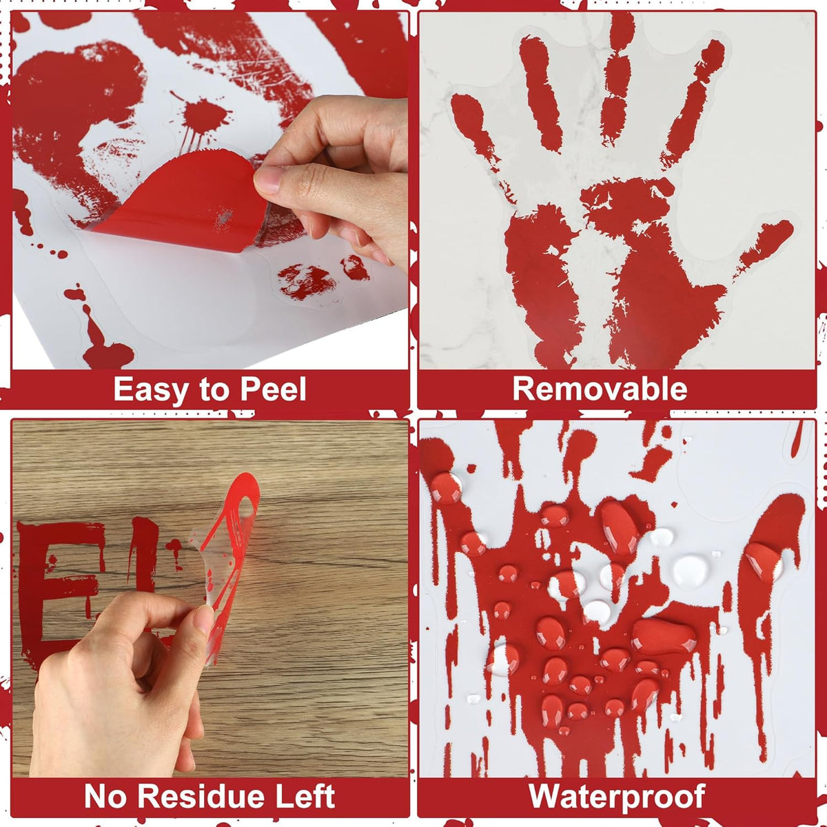 8 Sheets Halloween Bloody Handprint Footprint Floor Stickers Scary Halloween Decorations Self Adhesive Bloody Wall Decal Windows Cling Stickers for Window Floor Glass Bathroom Car Indoor Outdoor Party