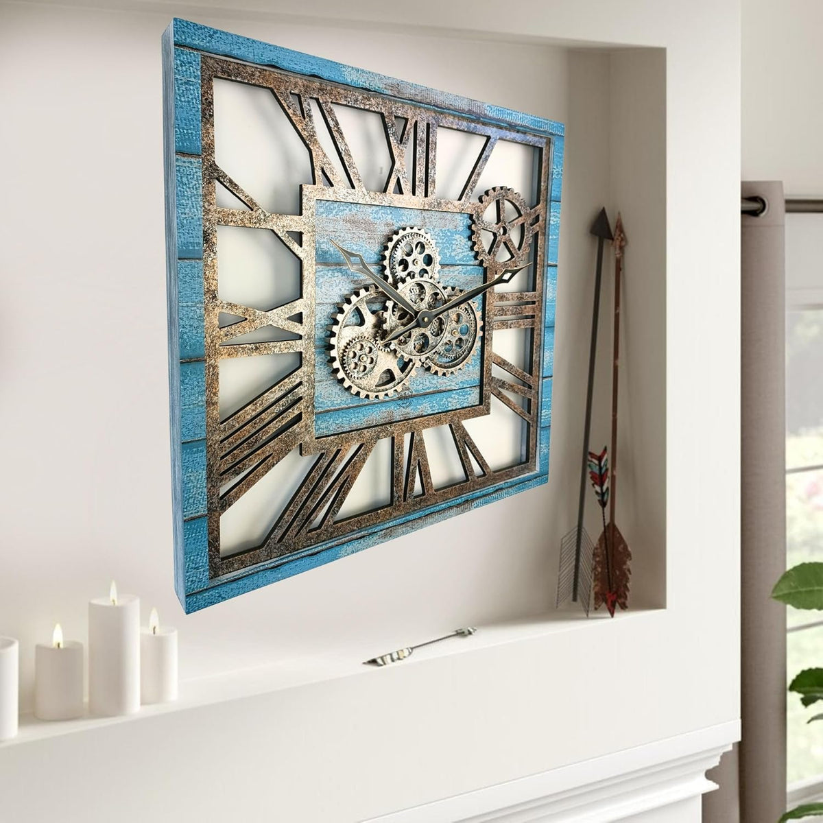The Gears Clock 24'' Inch Square Real Moving Gear Wall Clock Vintage Industrial Oversized Rustic Farmhouse (Ocean Blue)