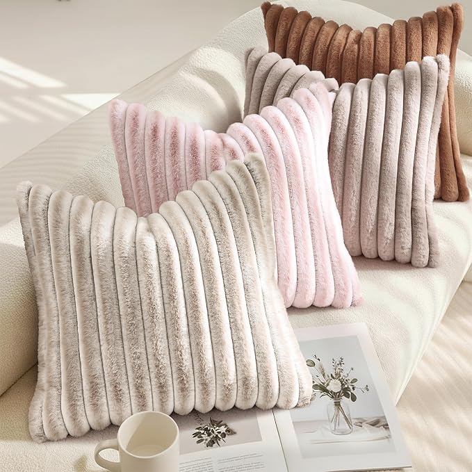 decorUhome Fall Faux Fur Throw Pillow Covers 18x18 Set of 2 Pink White | - Image 4
