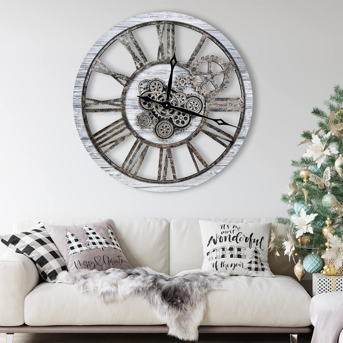 The B-Style Large Real Moving Gears Wall Clock 30 inch Rustic Retro Industrial Farmhouse Wood Clock Oversized Decorative Vintage Wall Clocks for Living Room (Gray White, 30 Inch/76CM)