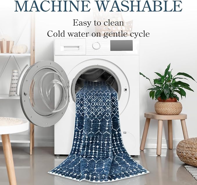 Lahome Moroccan 2x5 Washable Blue Runner Rug, Non-Slip Low-Pile Stain Resistant - Image 4