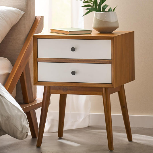 Christopher Knight Home Mid-Century Nightstand, Acacia Wood Nightstand Side Table, Accent Bedside End Table with Solid Wood Legs for Bedroom, Dorm and Small Spaces,White + Natural Oak