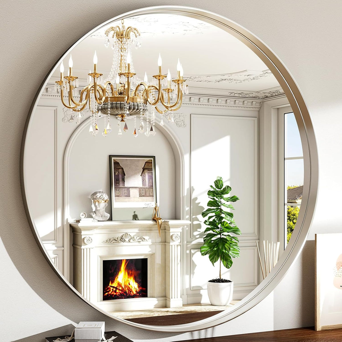 48 Inch Round Bathroom Mirror - Wall Mounted Circle Mirror with Metal Frame, Modern Mirror Suitable for Bathroom, Vanity, Entryway, Living Room, Wall Decor,Silver