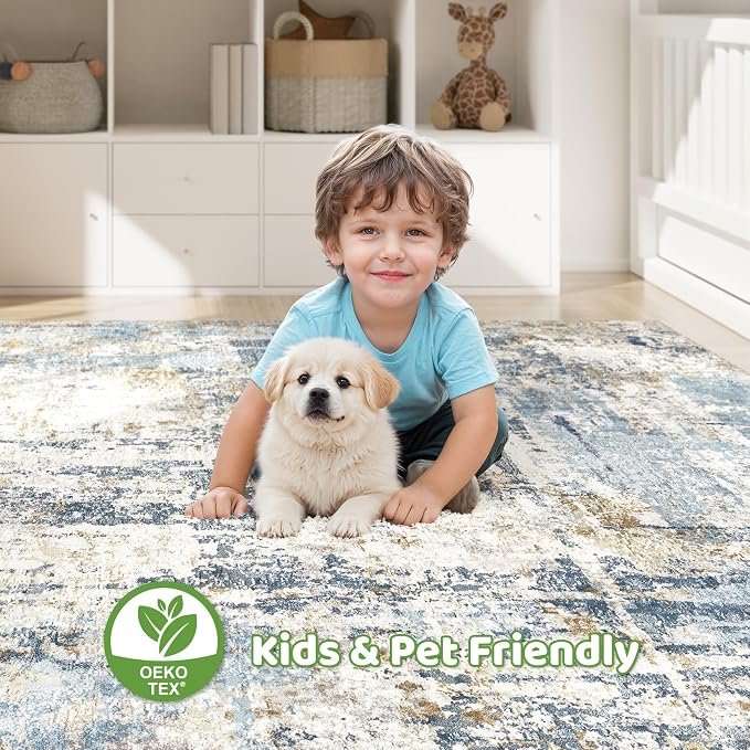 LOONGRUG Area Rug 5x7 Washable Neutral Modern Living Room Rugs Blue | Abstract - Image 7