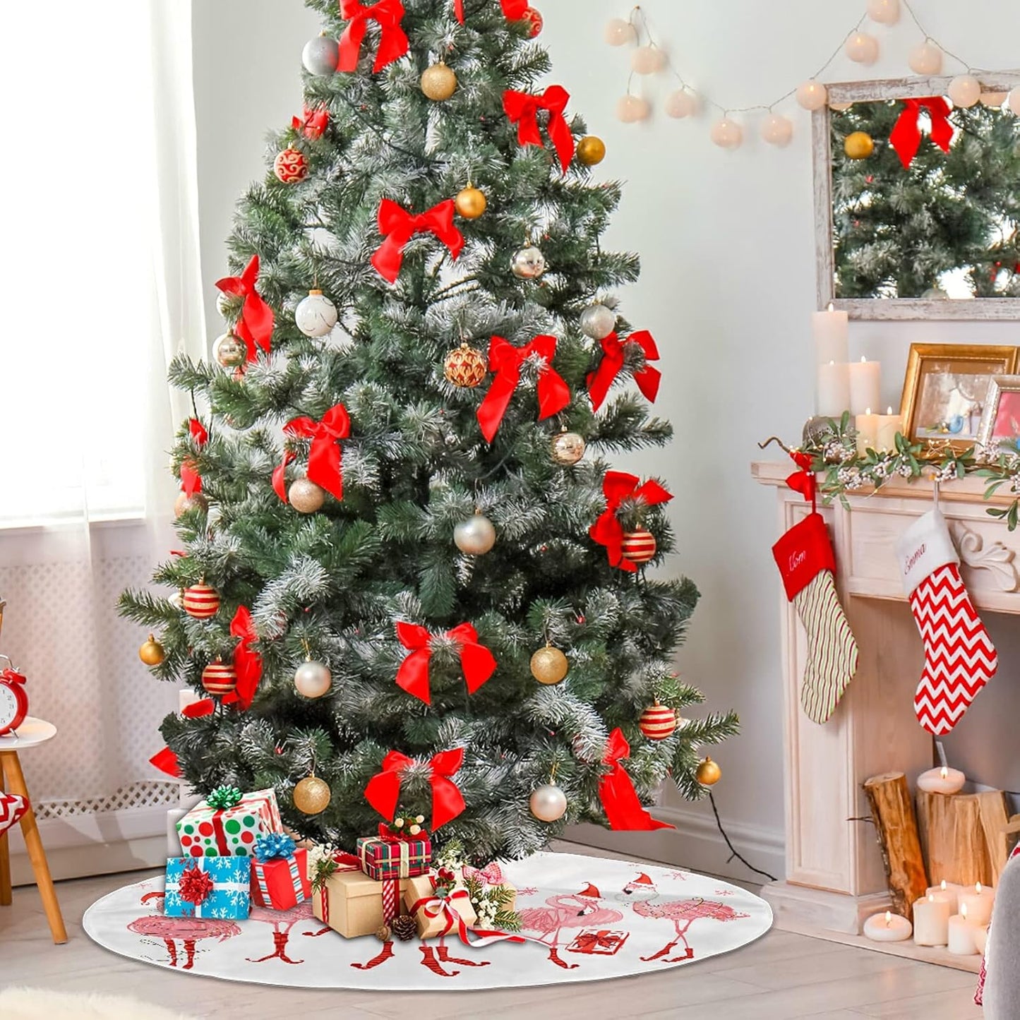 Christmas Pink Flamingo Snowflake Tree Skirt, Seasonal Tree Mat Holiday Party Supplies Ornaments Indoor Outdoor Decorations for Tabletop Trees 35.4 Inches