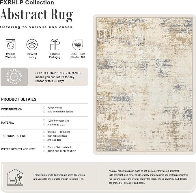 9x12 Area Rug Living Room: Modern Washable Soft Carpet Beige Brown | - Image 2