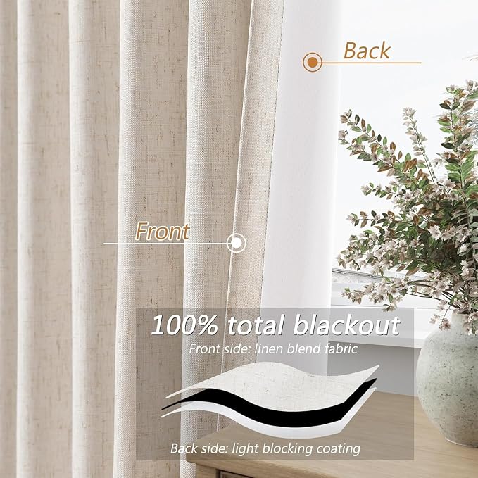 100% Blackout Linen Curtains 110 Inch Long by 52 Inch Wide 2 Panels Set - Image 4