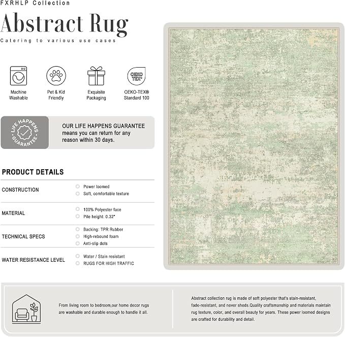 Area Rug Living Room: 4x4 Modern Washable Soft Carpet Green Cream | - Image 3
