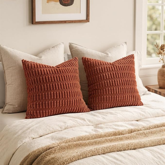 MIULEE Fall Euro Sham Corduroy Decorative Throw Pillow Covers 24x24 Rust | - Image 5