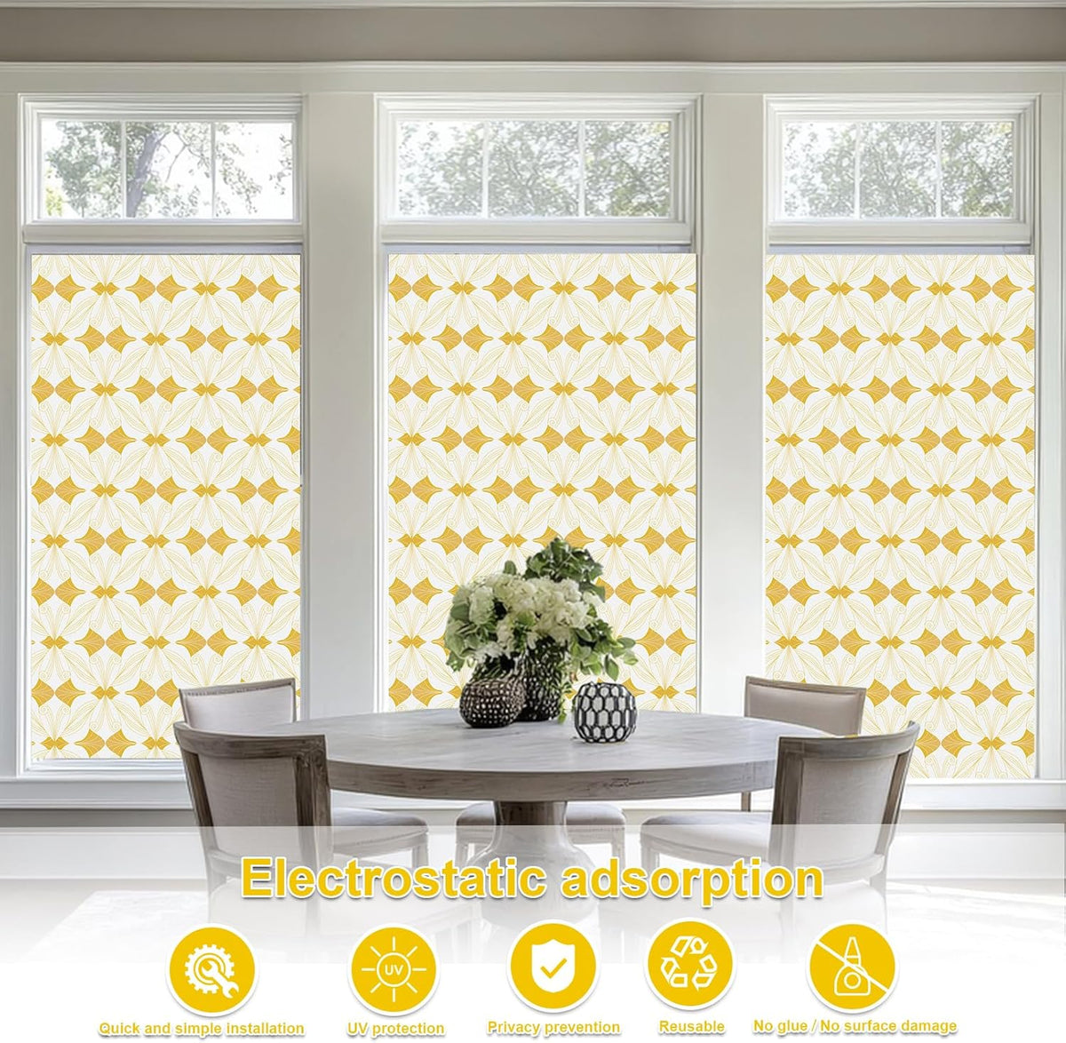 Window Privacy Film Stained Glass Decorative Static Clings Frosted Window Tint for Home Room Decor Bathroom Door Car Stickers with Glittering Effect, Removable(Golden Geometry)