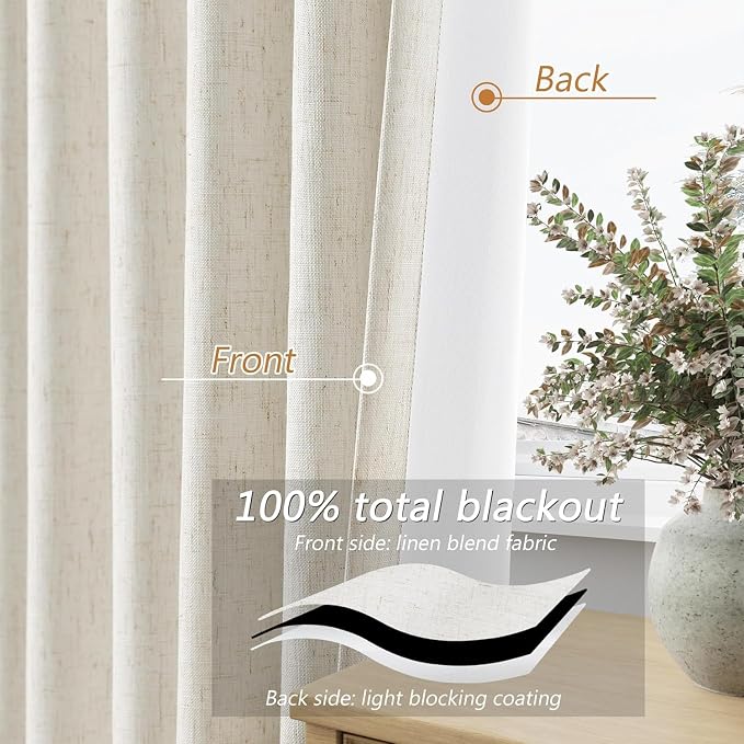 100% Blackout Linen Curtains for Bedroom 80 Inches Long Natural Cream Black Out - Image 4