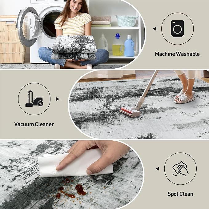 8x10 Area Rugs for Living Room: Washable Abstract Black White Grey Carpet | - Image 5