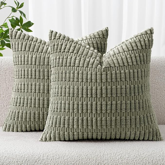 MIULEE Corduroy Decorative Throw Pillow Covers 18x18 Light Olive Pack of 2 | by MIULEE