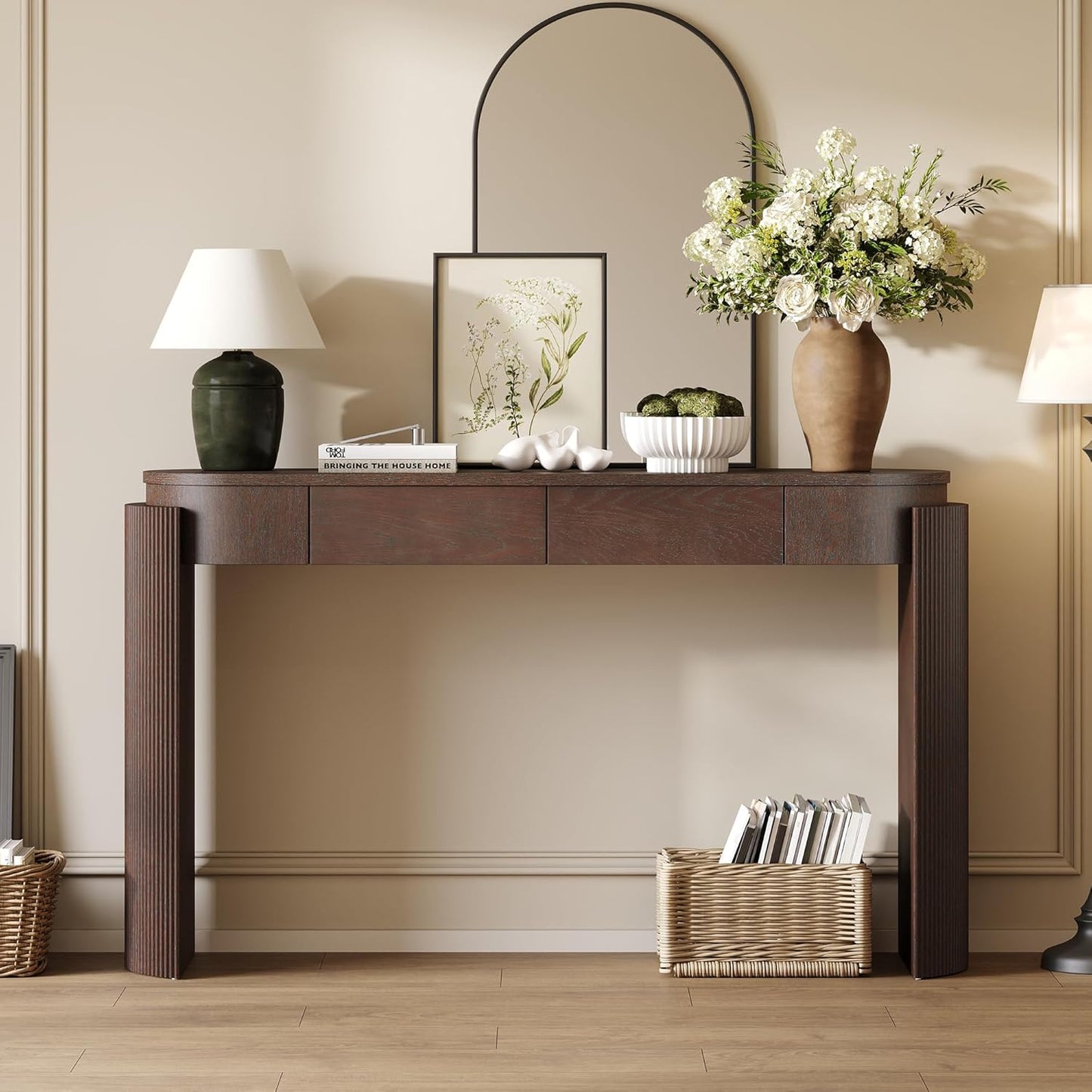 55" Sofa Table with Oval Top and 2 Drawers, Entryway Console Table with Fluted Design for Hallway,Foyer,Entry and Living Room (Fully Assembled-Espresso)