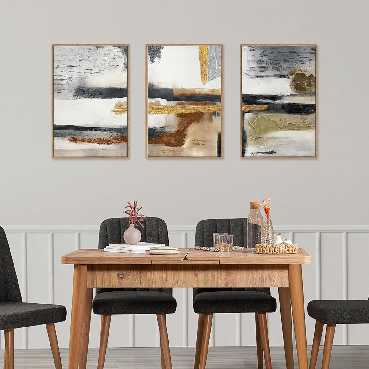 Modern Abstract Framed Canvas Wall Art Set, Neutral Textured Wall Decor, Boho Minimalist Gold and Gray Wall Painting for Living Room, Bedroom, Dining Room, Office - 16" x24" x3