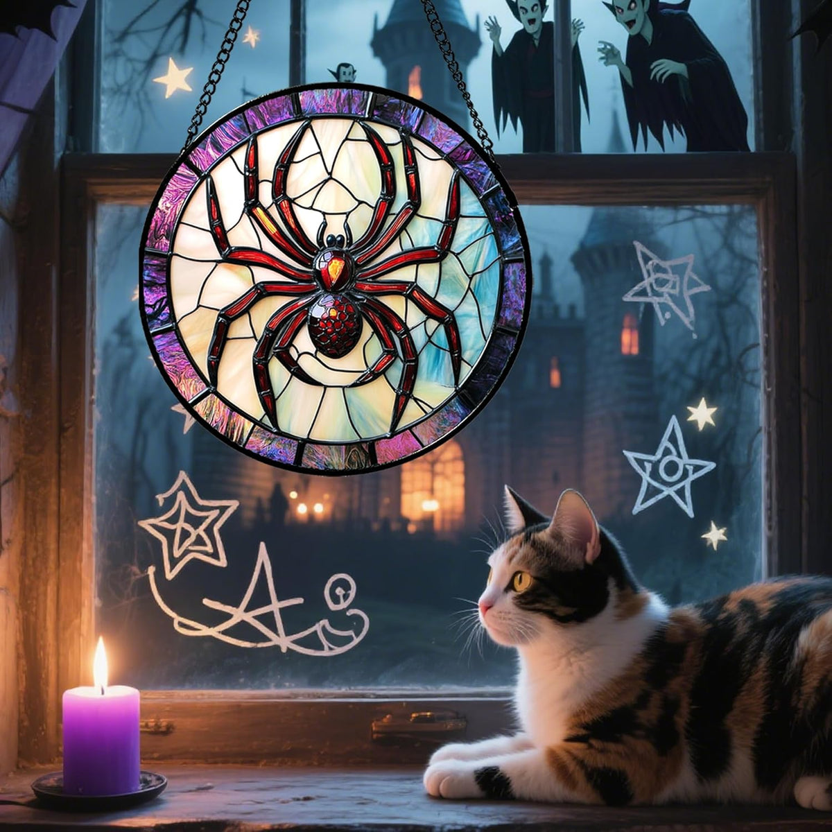Stained Glass Window Hanging - Halloween Decorations Red Spider Goth Suncatcher for Doors Garden Indoor Funny Spooky Sun Catchers Gothic Decor Horror Gifts for Women Men Friend 9.8 in