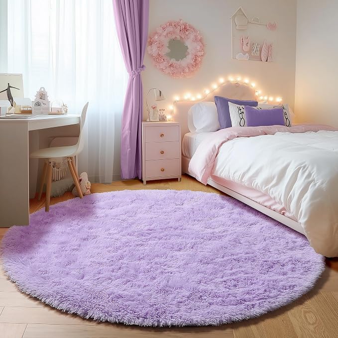 Light Purple Round Rugs 5ft, Fluffy Soft Circle Area Rug by ONASAR