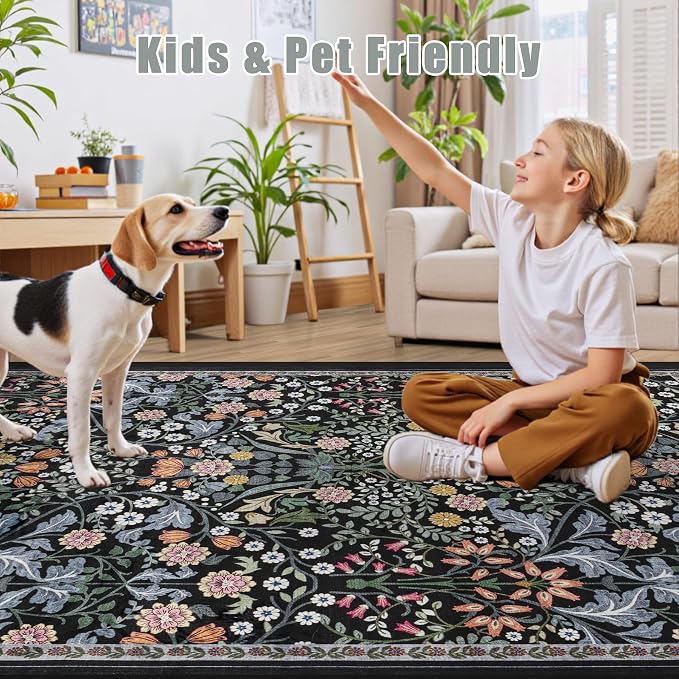 PLHXFR Round Area Rug Living Room: 8 ft Floral Washable Carpet Dark Black | - Image 6