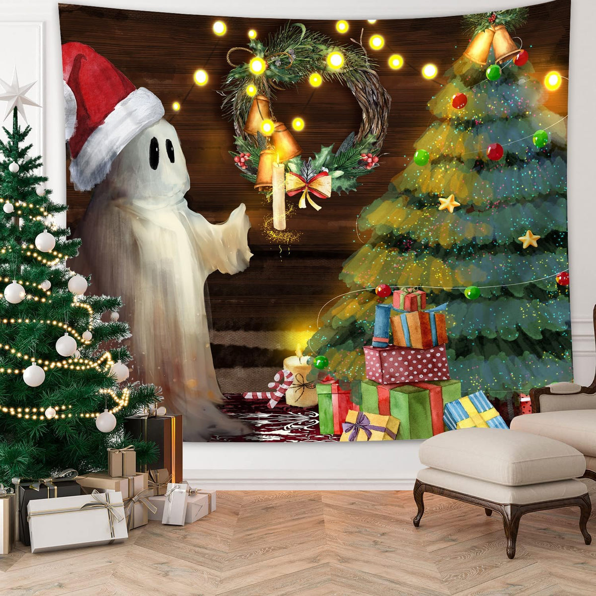 QGHOT Christmas Tapestry Wall Hanging Christmas Tree Backdrop Cute Ghost Wall Decor Xmas Holiday Tapestries for Kids Bedroom Living Room Dorm Party Decoration