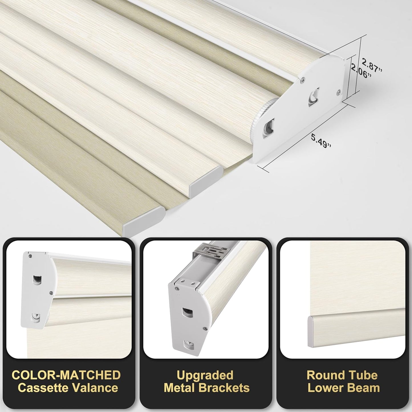 BERISSA Cordless Dual Roller Shades with Cassette Valance, Double Window Shades - Blackout and Light Filtering, Day and Night for Home Office Door. Striped Jacquard Beige. 59 W x 44" H