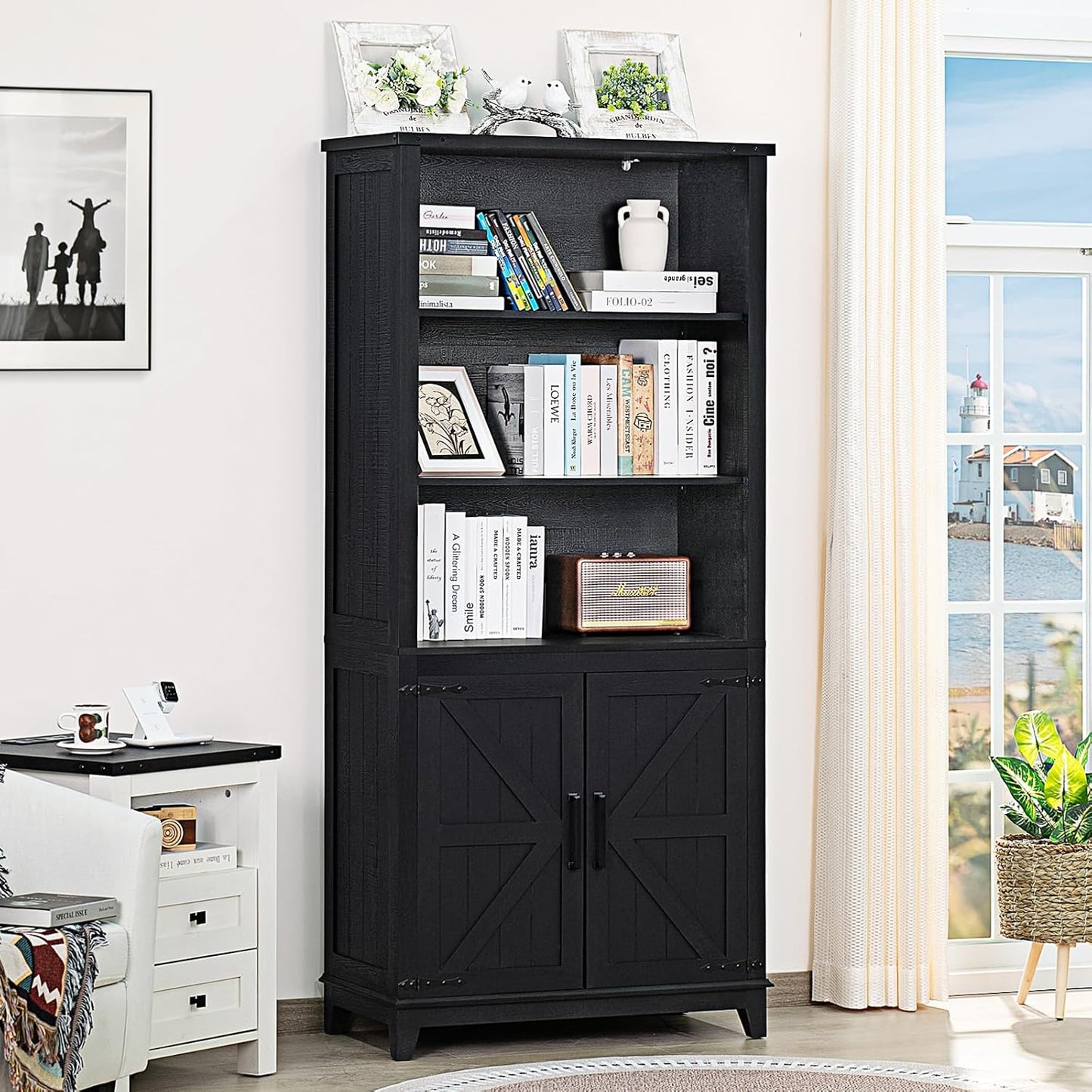 70in Tall Bookshelf 5 Tier Bookcase with Barn Doors and Adjustable Shelves, Black Farmhouse Book Shelf with Storage Cabinet, Wood Freestanding Display Bookshelves for Bedroom, Living Room