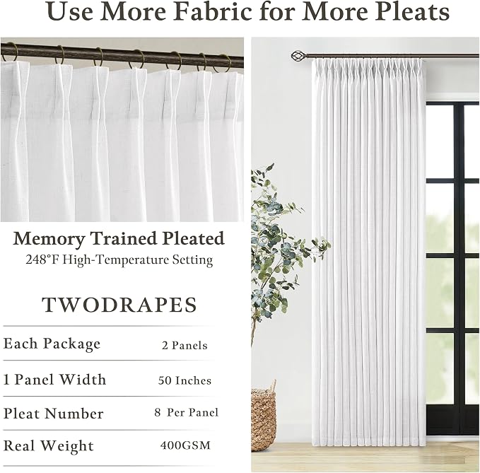 Pinch Pleated Linen Light Filtering Curtains 105 Inches Length Snow White | - Image 4
