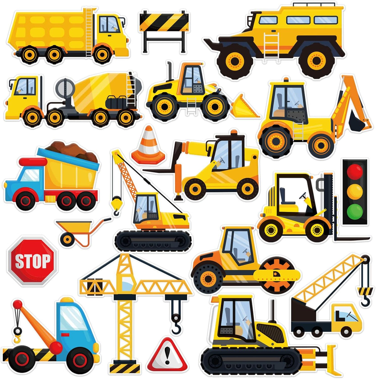 Tevxj Construction Vinyl Gel Clings, 20 Pcs Yellow & Black Transportation Stickers for Kids, Reusable Wall & Window Decor, Airplane, Truck Decals, Party Supplies