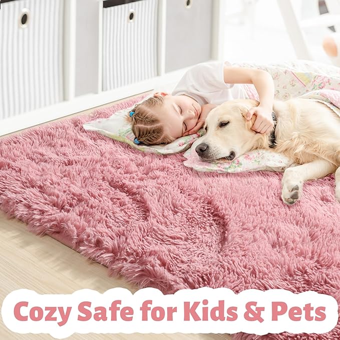 Amdrebio Blush Pink Furry Shag Area Rug 4x6 - Image 2