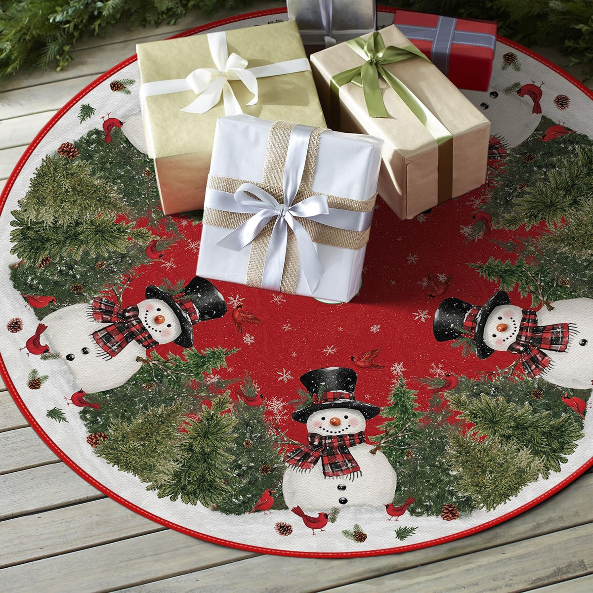 AVOIN colorlife Cardinals Cedar Snowman with Scarf Christmas Tree Skirt, Xmas Winter Holiday Party Tree Mat Indoor Outdoor Decoration 48 Inch