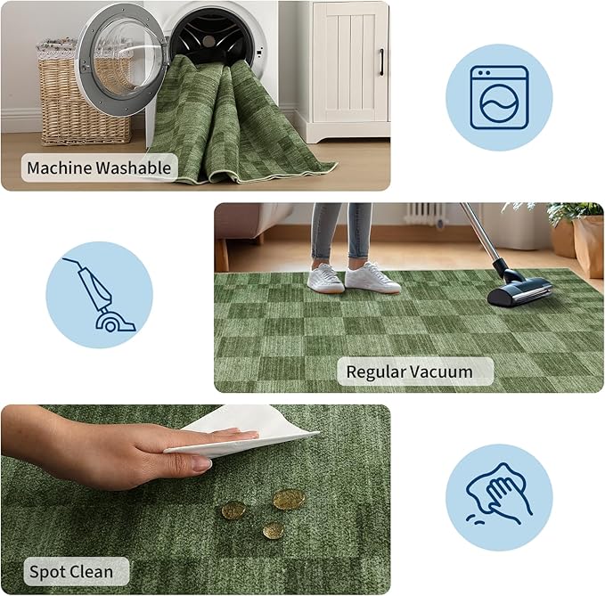 GarveeHome Moss Green Checkered Rug 5x7 Area Rug Washable Geometric 5x7 Rug | - Image 8