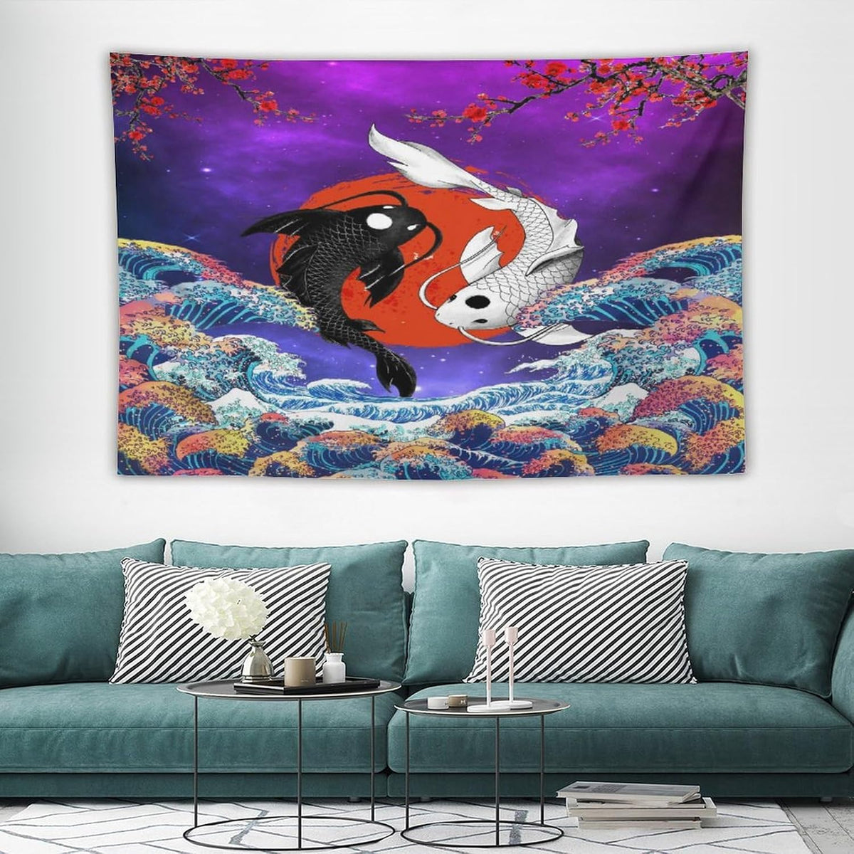 Houselerax Japanese Koi Fish Tapestry, Yin Yang Big Wave Cherry Blossom Tapestries Wall Hanging for Bedroom Living Room Office Decor 60"x40"