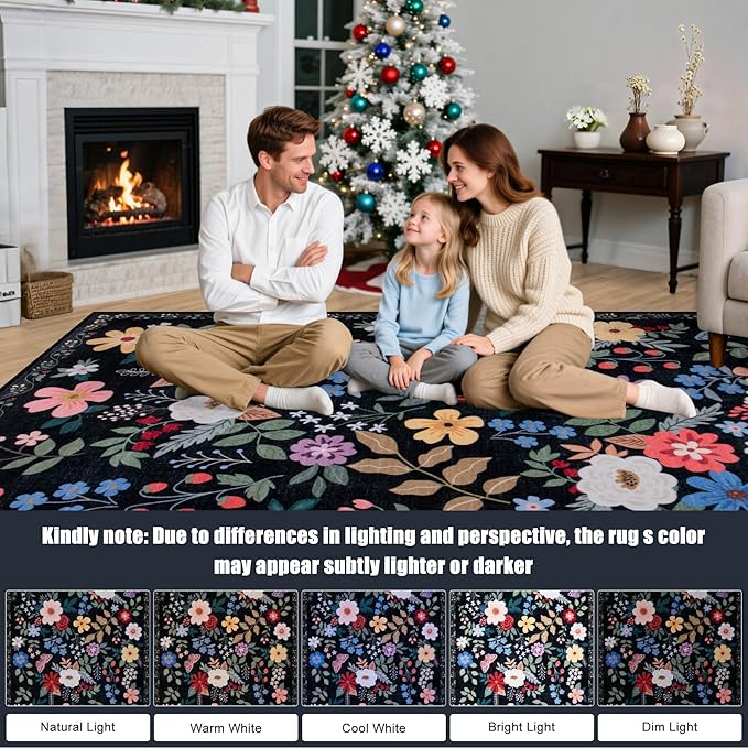 PLHXFR 8x10 Area Rug Living Room: Floral Washable Boho Soft Carpet Black | - Image 9