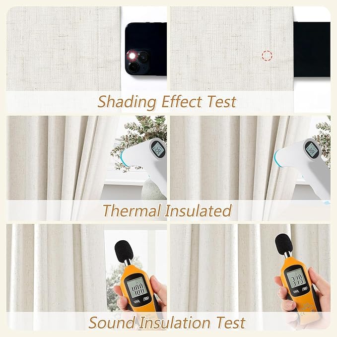100% Blackout Linen Curtains for Bedroom 63 Inches Long Natural Cream Black Out - Image 5