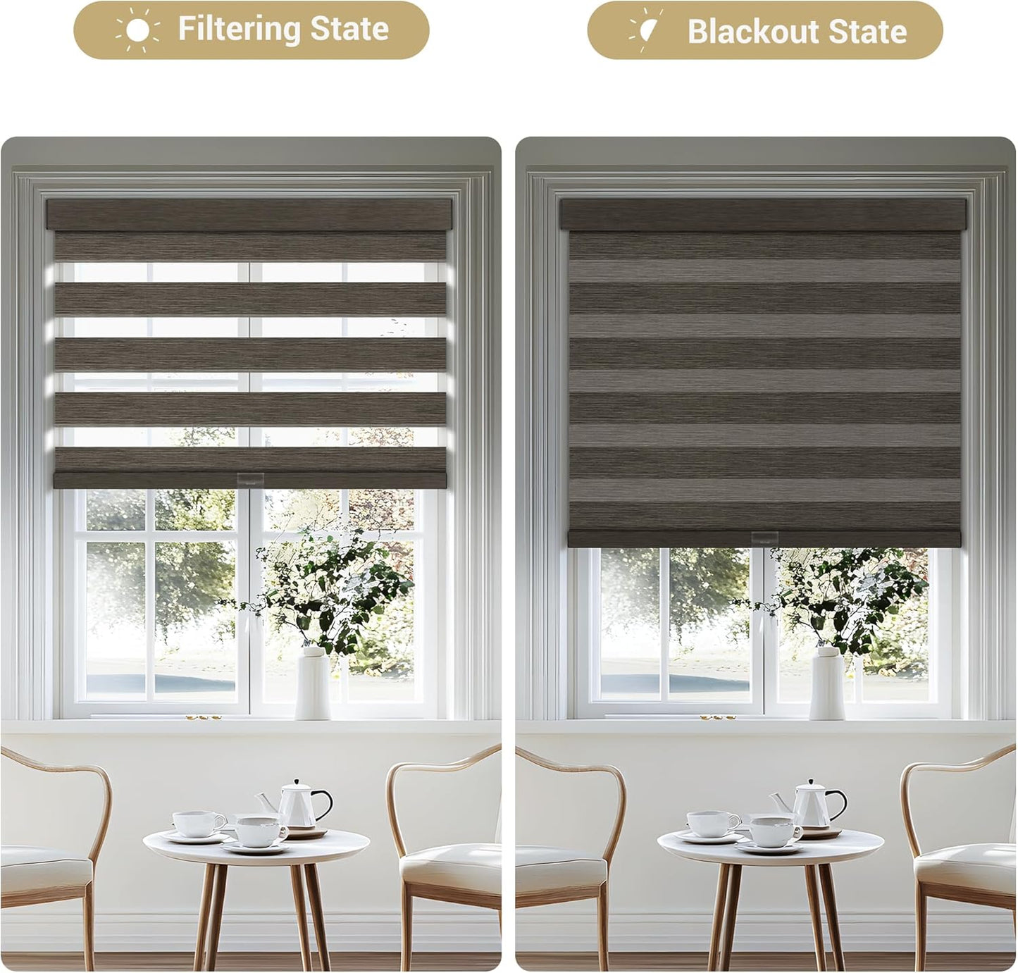 Cordless Zebra Blinds for Windows, Blackout Interior Blinds,Easy to Install,UV Protection,for Offices and Home,Custom Roller Shades, Mousse Dark Bown,51" W x 64" H