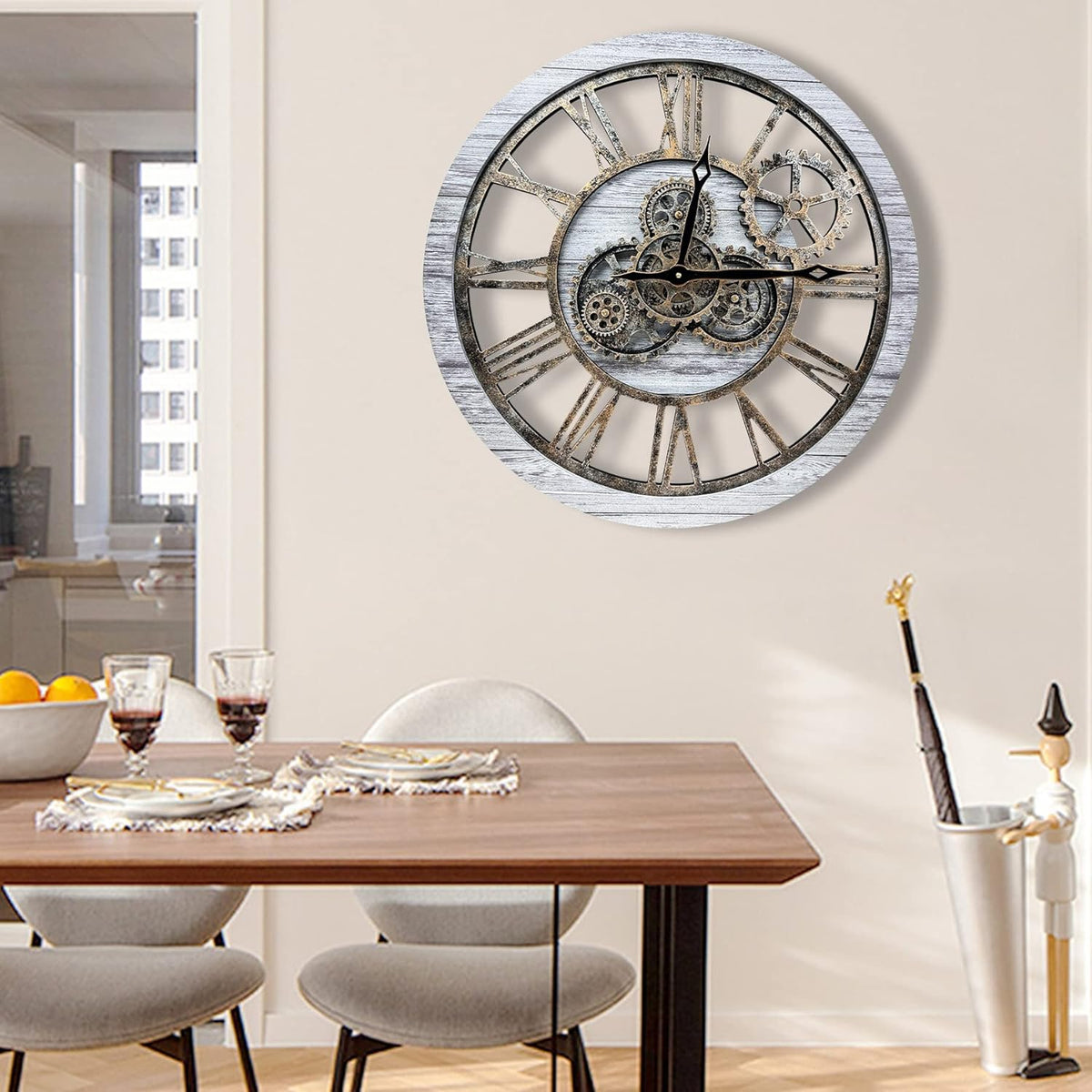The B-Style Large Wall Clock 24 inch Moving Gear Wall Clock Oversized Vintage Farmhouse Wall Clocks for Living Room Decor Rustic Industrial Wood Clock (Silver Gray and Bronze)