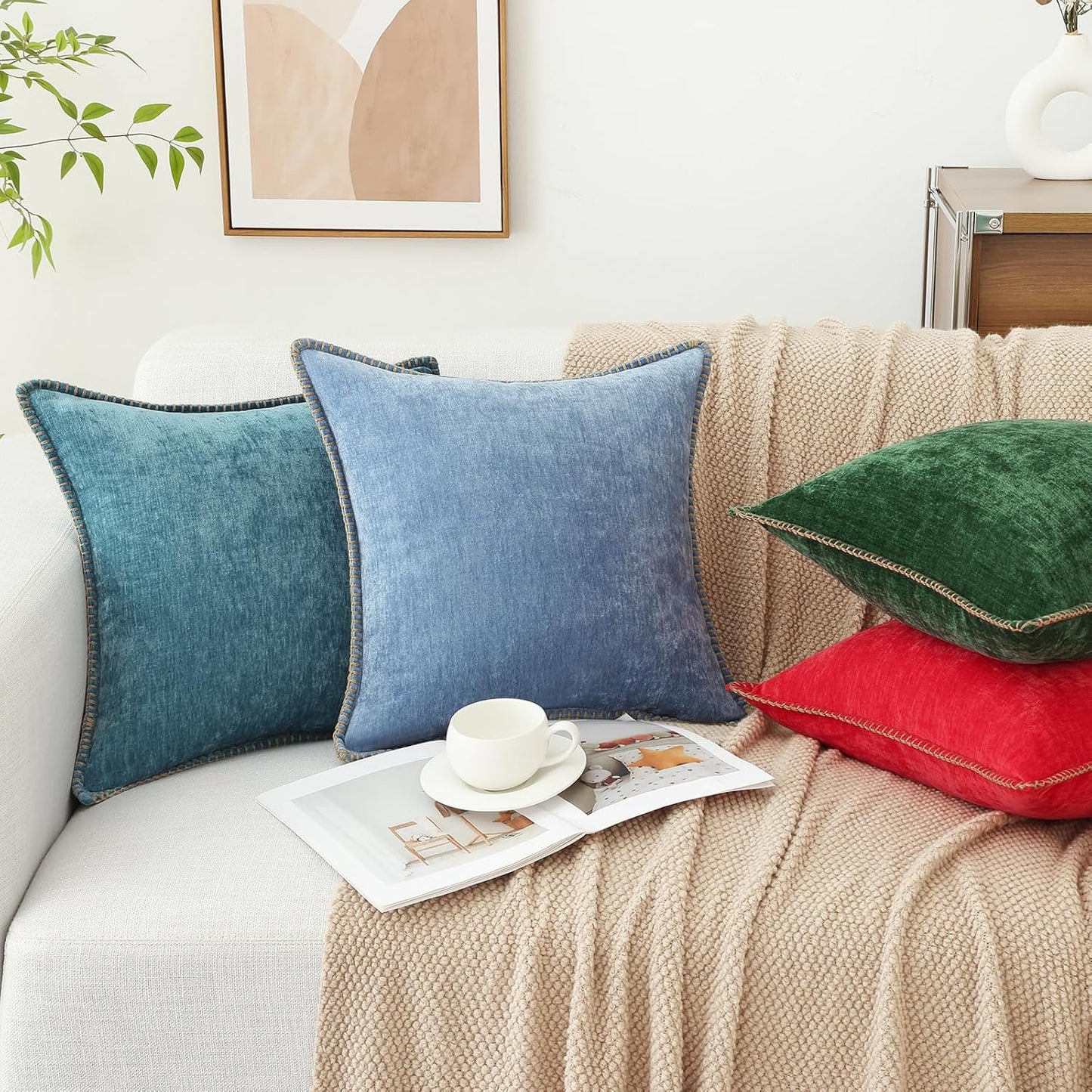 decorUhome Chenille Soft Throw Pillow Covers 20x20 Set of 2, Farmhouse Velvet Neutral Decorative Euro Pillow Covers with Stitched Edge for Couch Sofa Bed Home Decor, Teal