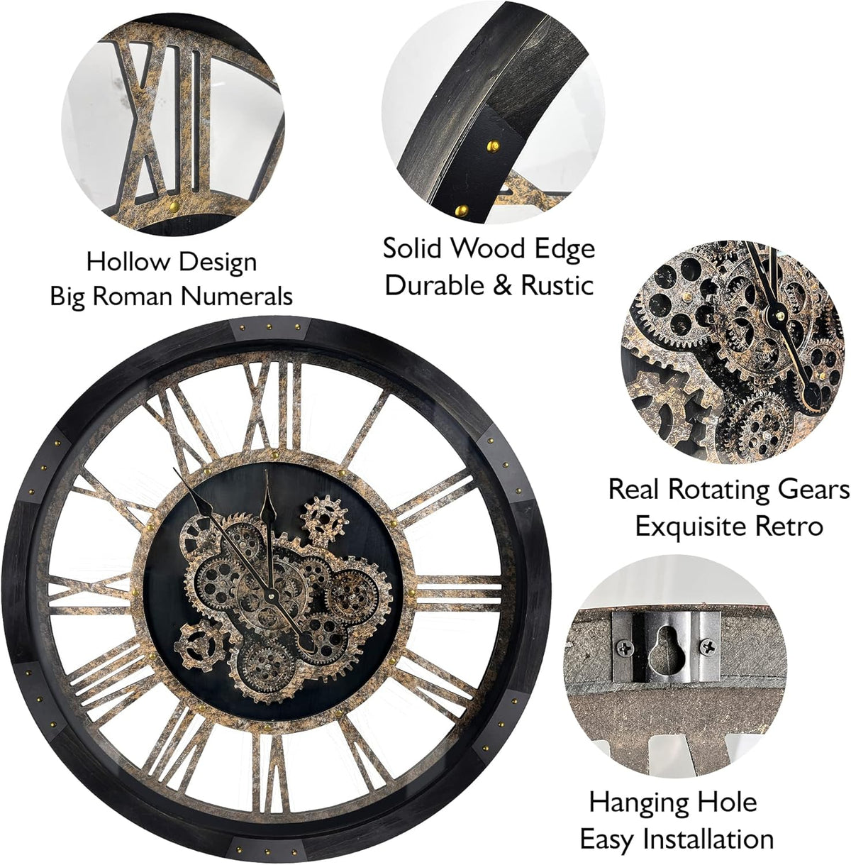 27 inch Large Real Moving Gears Wall Clock with Toughened Glass Cover, Oversized Solid Wood Retro Farmhouse Clock, Giant Decorative Rustic Wall Clock for Living Room Home Kitchen Office (Black)