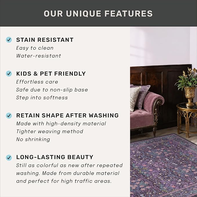 Dark Purple Living Room Rug 8x10, Vintage Violet Floral Area Rugs - Image 6