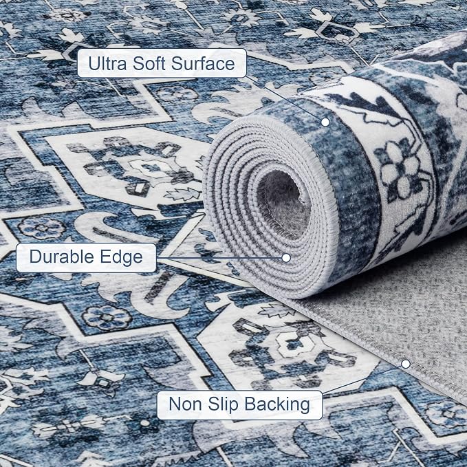 Round Area Rug for Living Room: 6ft Washable Rug for Bedroom Blue | Vintage - Image 6