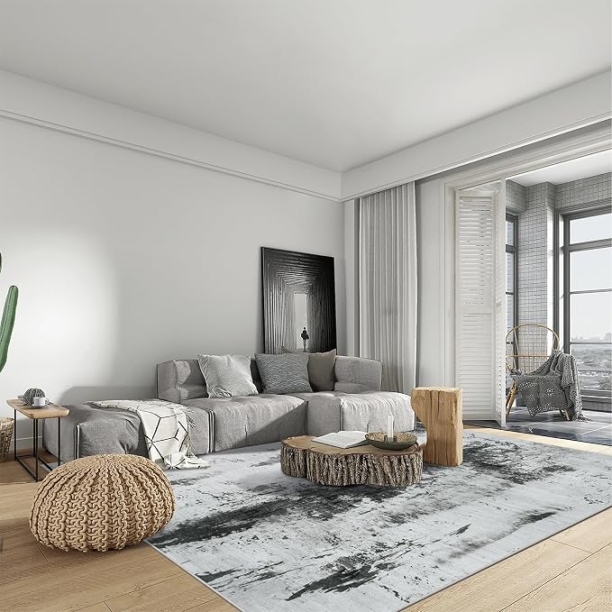 8x10 Area Rugs for Living Room: Washable Abstract Black White Grey Carpet | - Image 4