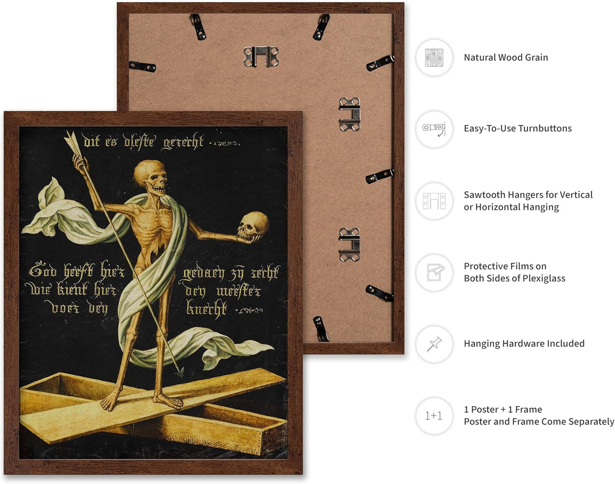 Poster Master Vintage Medieval Poster - Retro Gothic Print - Gift for Artist, Friend - Allegory of Life and Death, Skeleton, Dark, Skull - Wall Decor for Home, Living Room, 16x20 Brown Framed