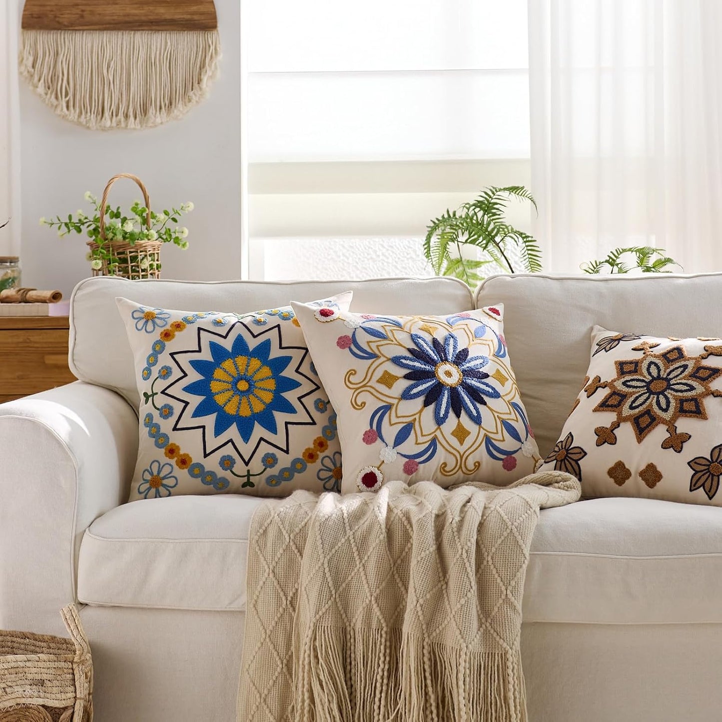 Embroidered Throw Pillow Cover 18x18 Classic Boho Floral Pattern Pillows Cover Outdoor Decorative Pillowcase,Durable Cozy Textured Cushion Case for Sofa Couch Bed Living Room,Blue Orange