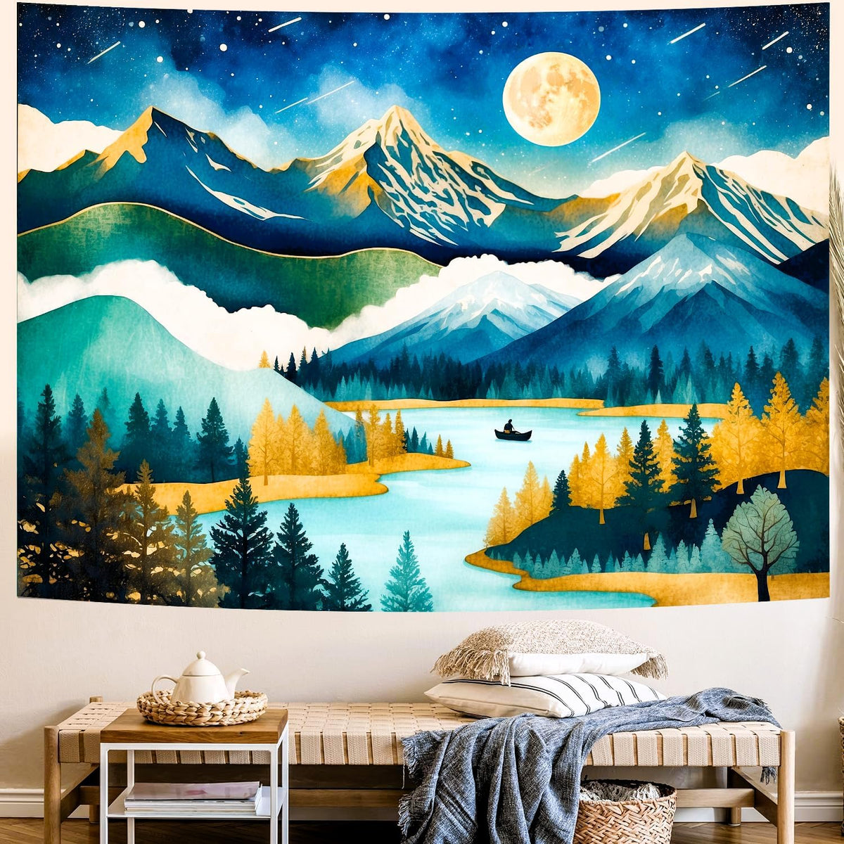 Delur Mountain Tapestry Boho Moon Stars Starry Night Tapestry Wall Hanging Forest Tree Nature Landscape Psychedelic Headboard for Bedroom Living Room Home Decor (51.2" x 59.1")