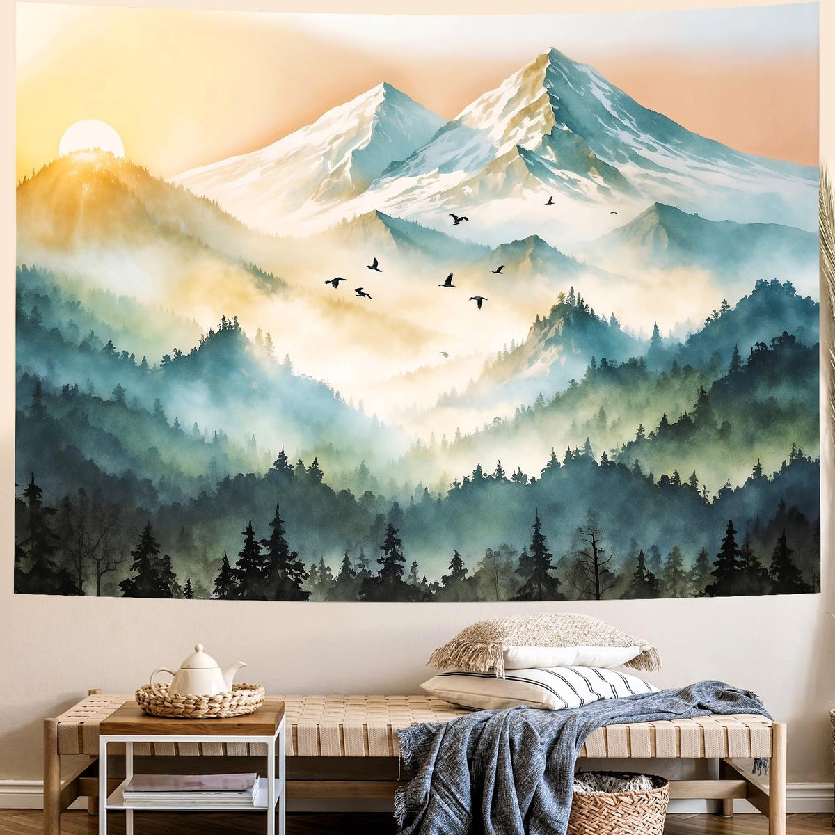 Delur Mountain Tapestry Boho Misty Sunset Forest Tree Tapestry Wall Hanging Sunrise Nature Landscape Psychedelic Headboard for Bedroom Living Room Home Decor (59.1" x 78.7")