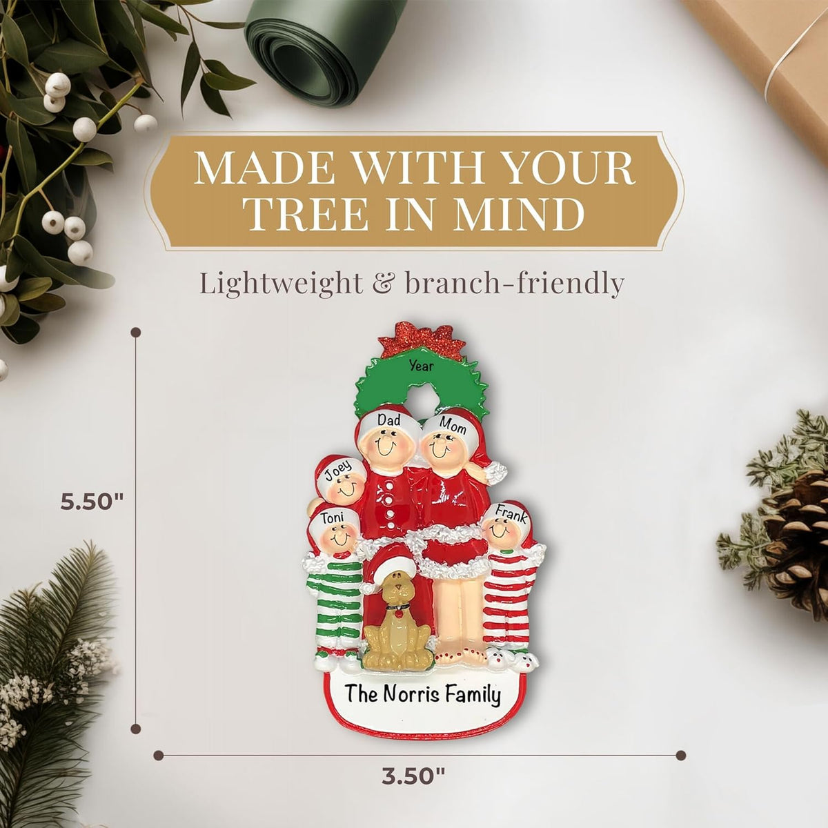 Personalized Family of 5 with Dog Ornament 2025 | Free 24h Customization | Christmas Ornaments for Tree | Custom Gift Wrapped Pet Keepsake for Dog-Lovers