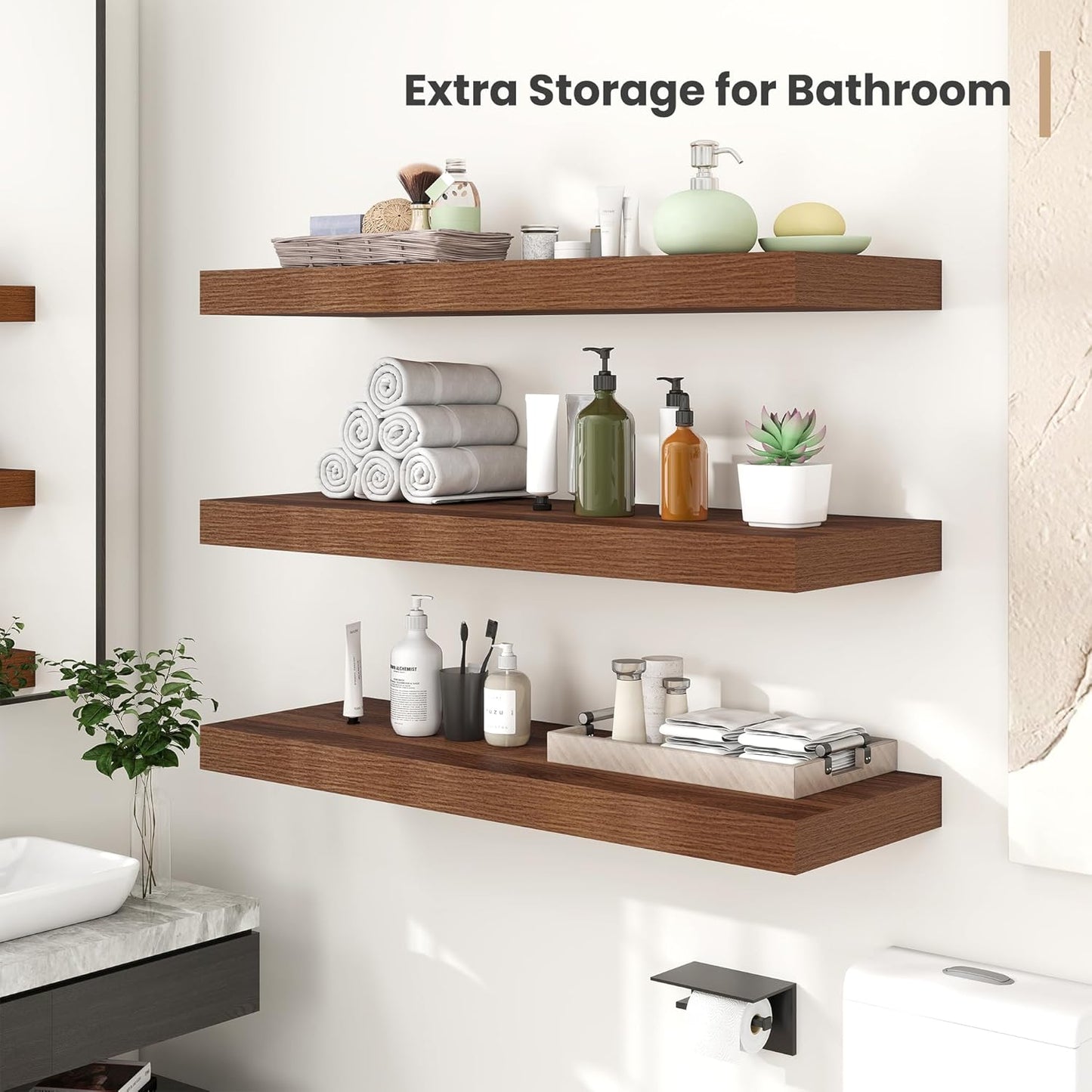 Heimlove 12 Inch Deep Floating Shelves, 12 x 12 inches Long Wall Shelf, Large Extra Display Shelf & Storage Shelf, Rustic Wood Wall Shelves for Fireplace Mantel, Walnut - 2Pack