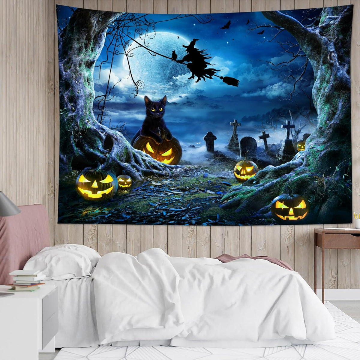 LB Halloween Wall Tapestry 80x60 Inch - Spooky Graveyard Scene with Witch, Black Cat, Pumpkin, Full Moon & Dead Tree Decor for Bedroom, Living Room, Dorm, Party