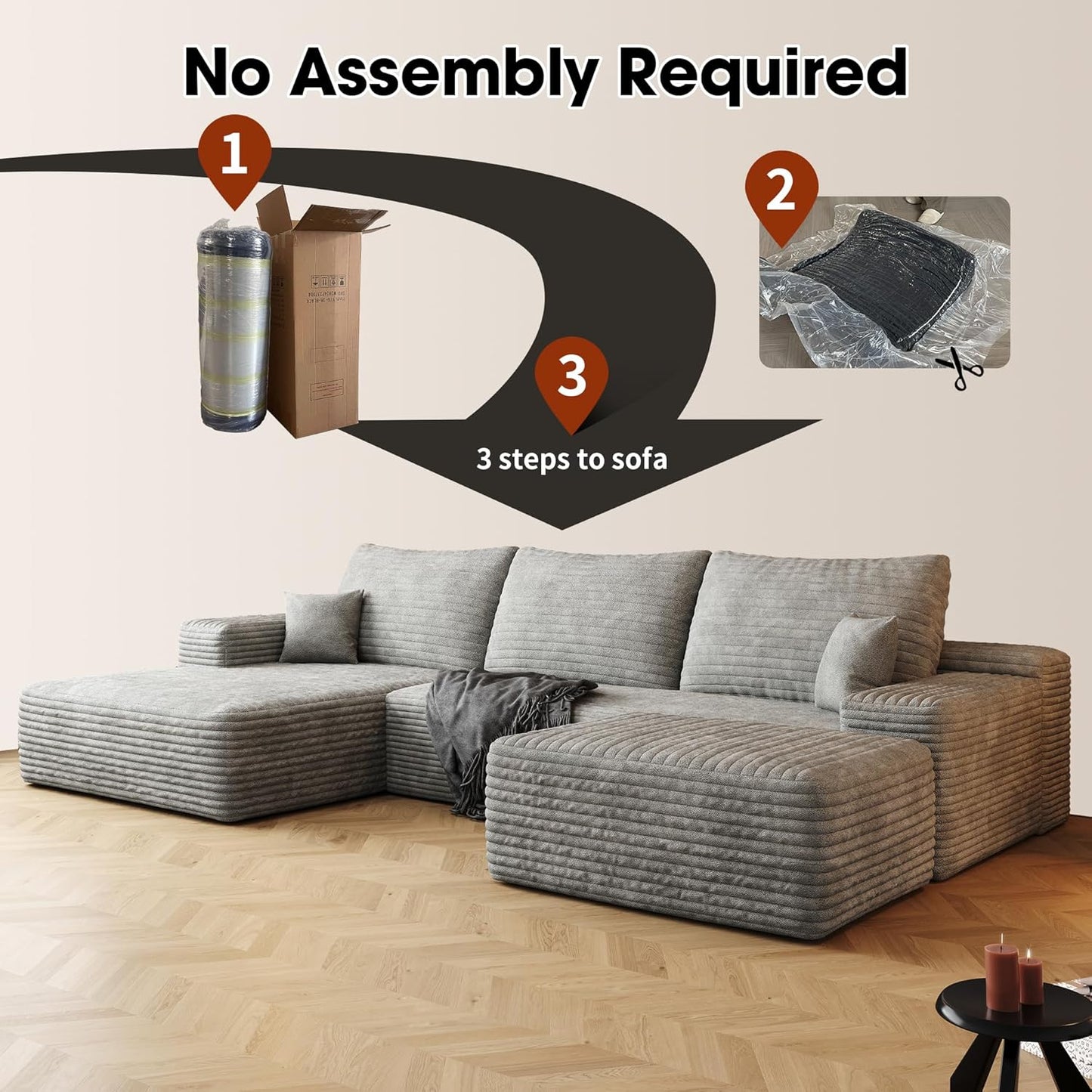 108" Sectional Couches for Living Room Modern Modular Sofa with L-Shape Couchs Upholstered Boneless Couch Deep Seat Sectional Couch with Chaise (Grey, Left Facing Chaise+2Seaters+1Ottoman)