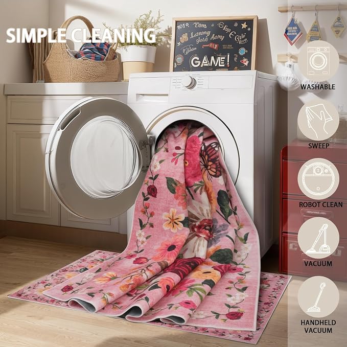 Pink Washable Area Rug 10x14 for Living Room Bedroom | Low Pile; Non Slip; - Image 8