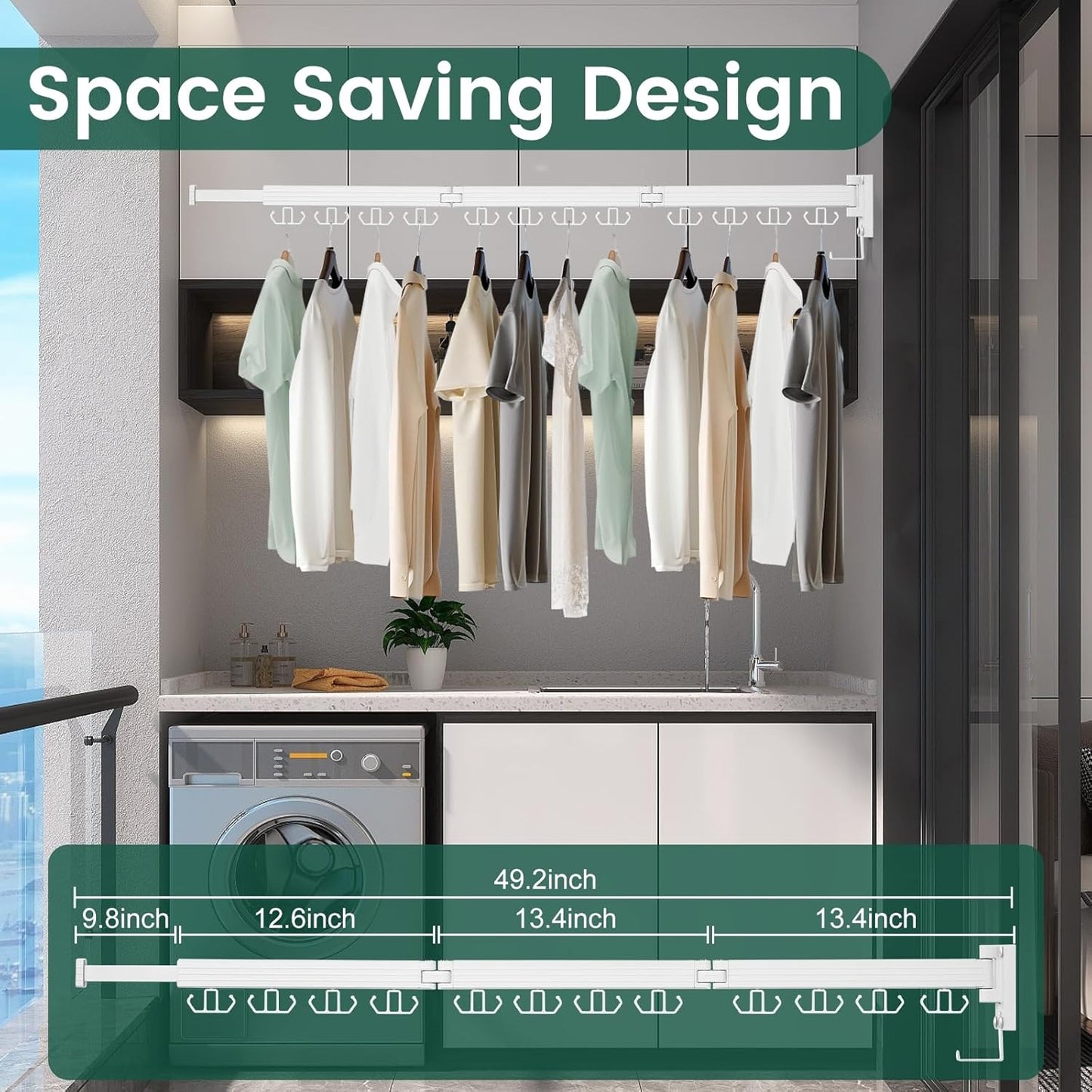 Wall Mounted Clothes Drying Rack, Laundry Drying Rack Wall Mount, 3-Fold Drying Rack Clothing, Foldable Clothes Drying Rack with 12 Dual Hooks Organization for Laundry Room Indoor - White